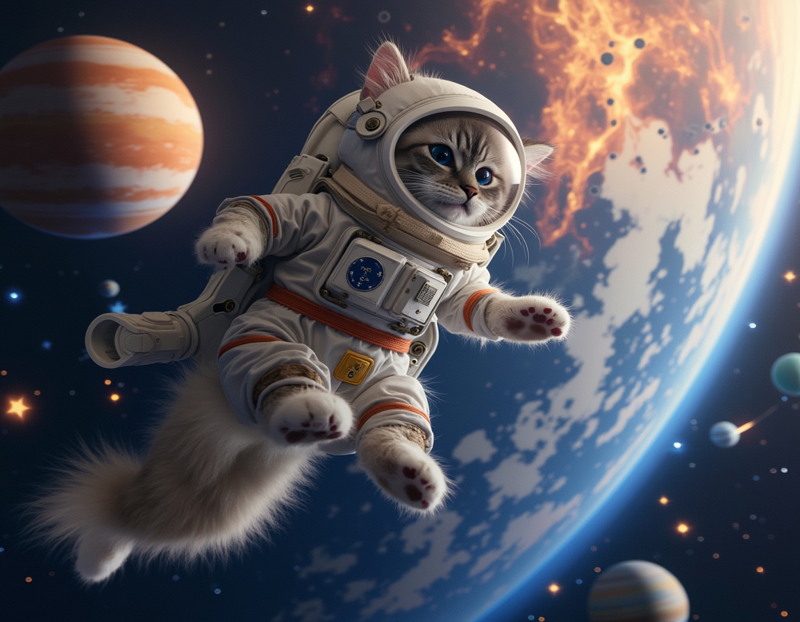 Cat floats weightlessly in space, wearing a high-tech spacesuit. Vibrant planets, shining stars, and distant nebulae create a stunning cosmic backdrop.